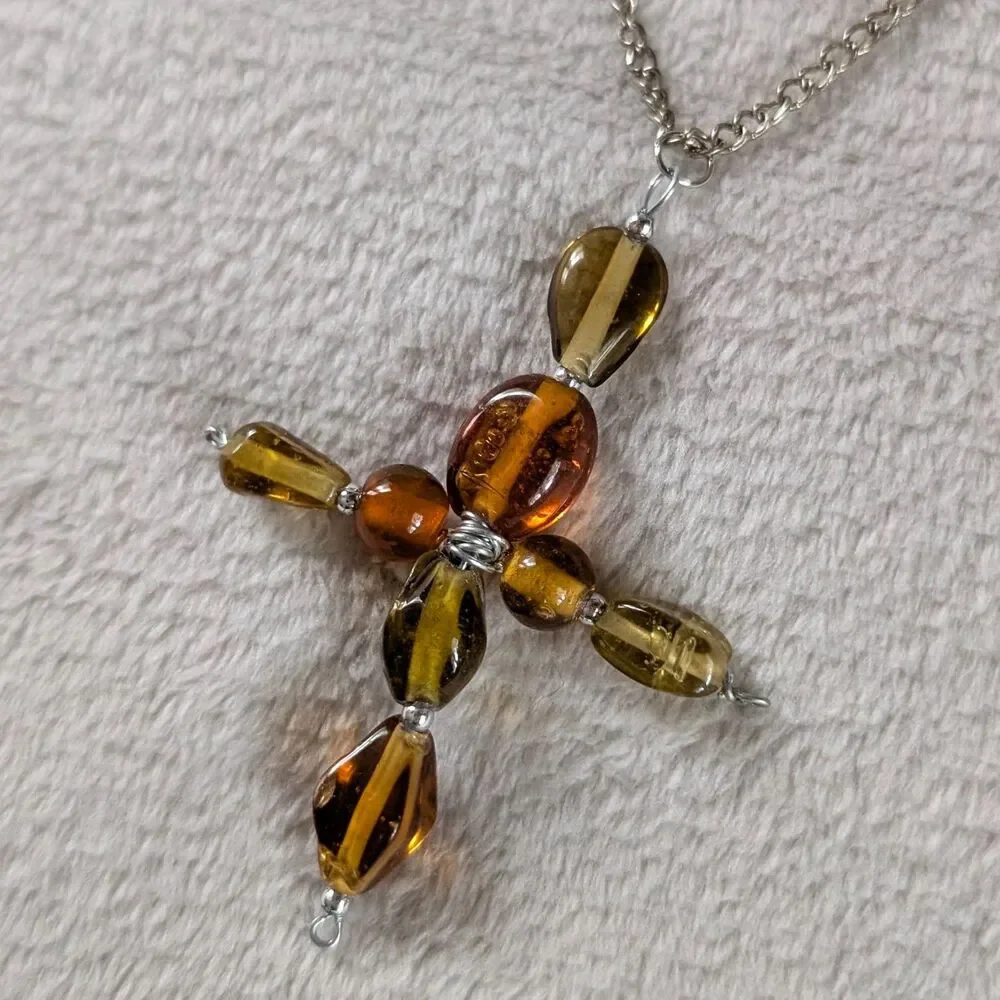 Glass Beaded Cross Pendant Chain Necklace Silver Brown Short